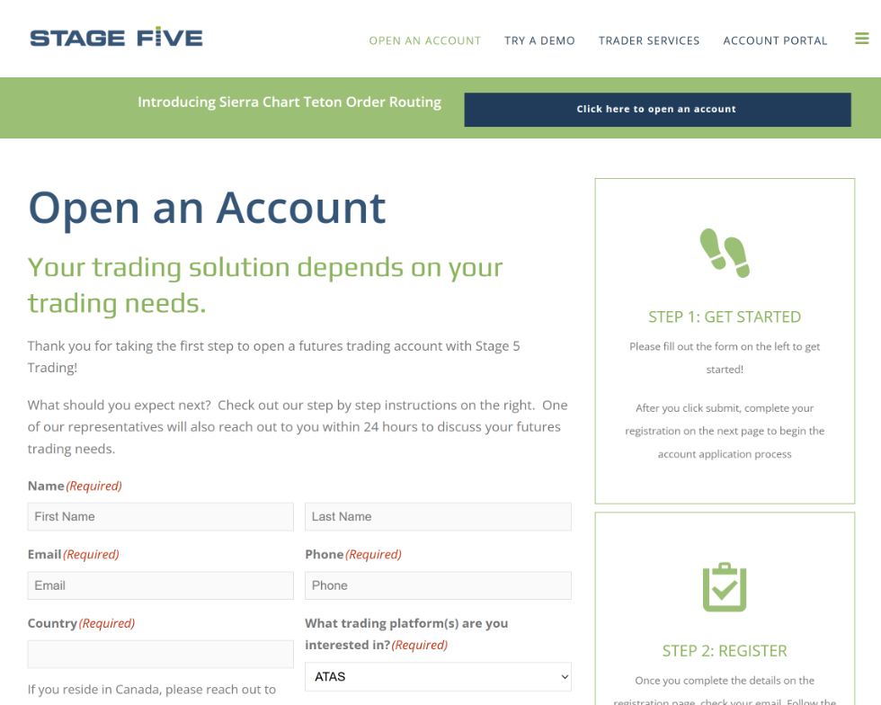 Stage 5 Trading's Open an Account page with name, email, phone, country and trading platform fields, and Step 1 Get Started on the right